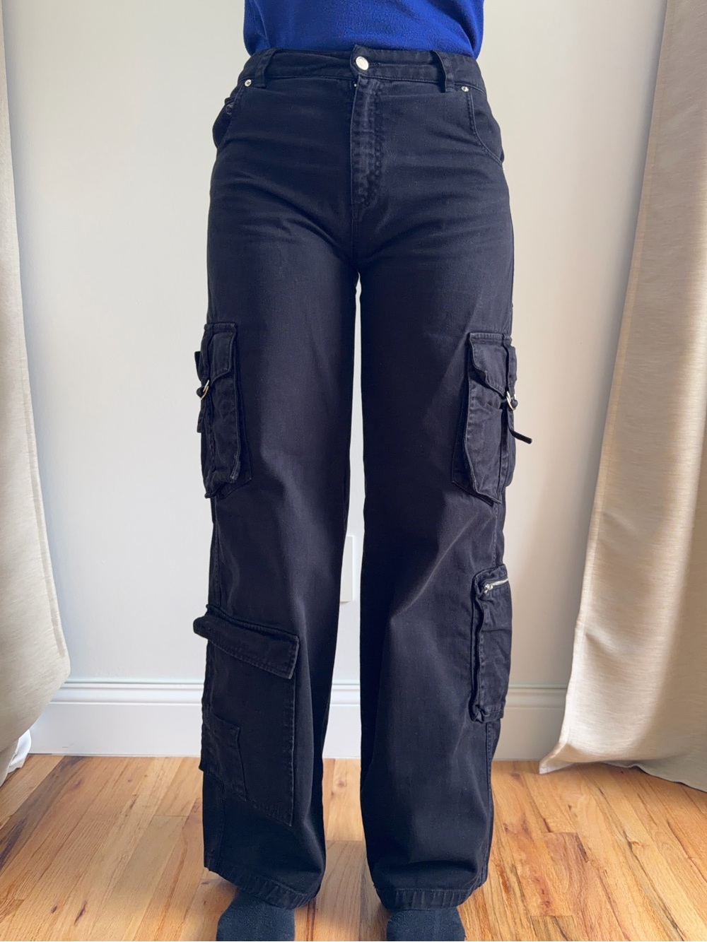100% Cotton Black Cargo Wide-Leg Jeans Made in Italy - Women's